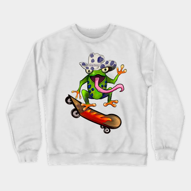 Frog Kawaii Froggy Skateboarding Cute Frog in blue Texas cowboy hat Funny toad toads amphibian tadpole Green Red eyed tree frogs rain forest Lizard dragon zoology gift frog Crewneck Sweatshirt by Artonmytee